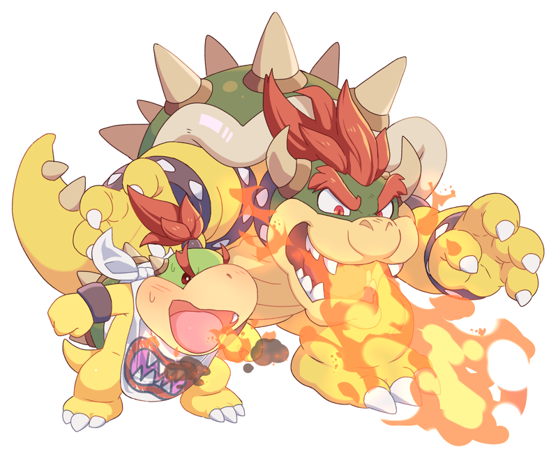 2boys armlet bowser bowser_jr. bracelet breathing_fire fang father_and_son fire horns jewelry multiple_boys omochi_(glassheart_0u0) open_mouth ponytail red_eyes redhead sharp_teeth shell short_hair simple_background size_difference spiked_armlet spiked_bracelet spiked_tail spikes super_mario_3d_world super_mario_bros. tail teeth transparent_background white_background