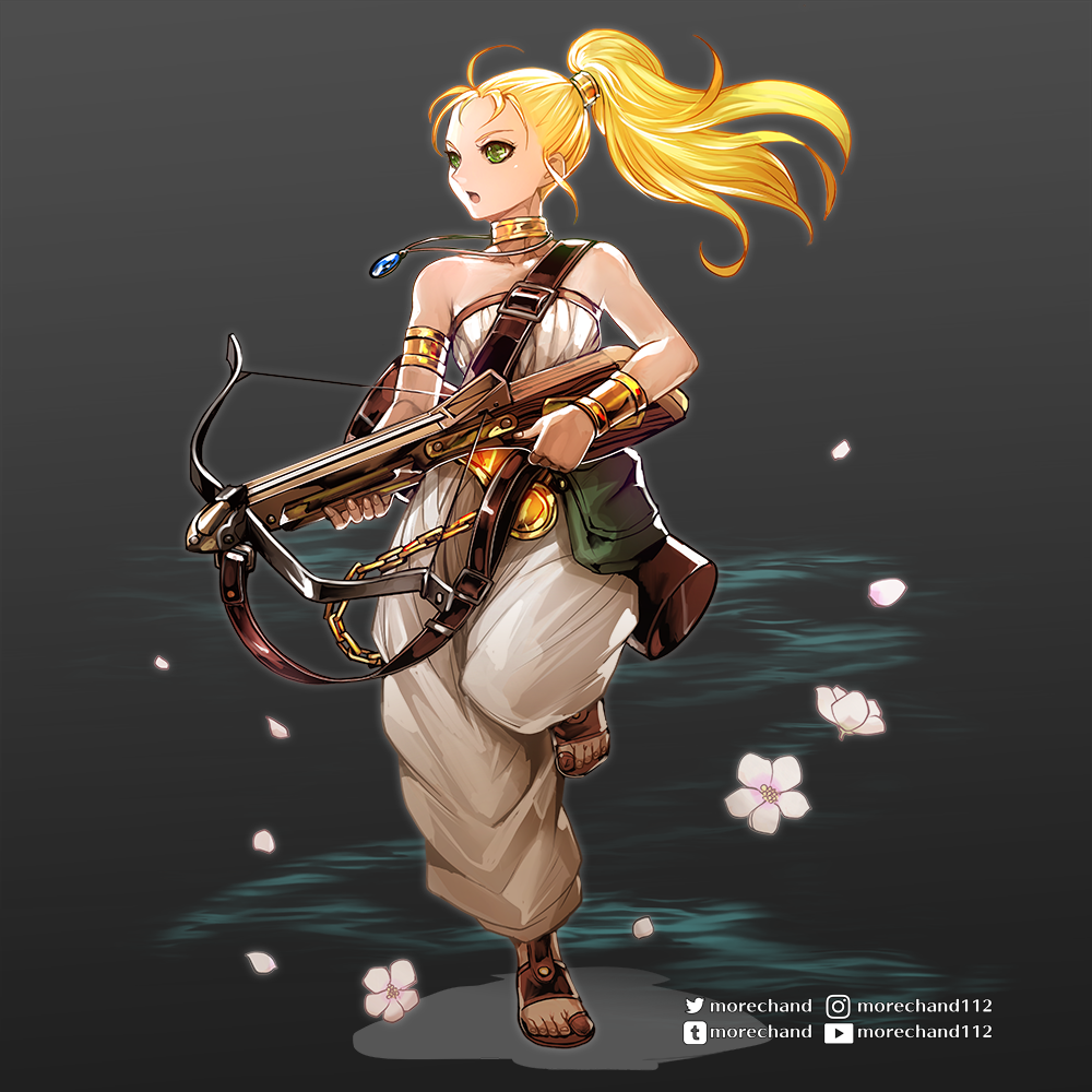 1girl bag blonde_hair breasts chrono_trigger crossbow flower green_eyes jewelry long_hair marle_(chrono_trigger) moreshan necklace open_mouth ponytail shoulder_bag simple_background solo weapon