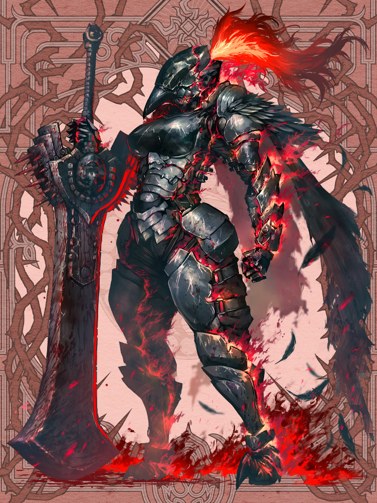 1girl arm_armor armor black_feathers blood blood_on_clothes breastplate breasts dairoku_ryouhei feathers full_armor full_body gauntlets helm helmet hetza_(hellshock) holding holding_weapon large_breasts leg_armor oversized_object plume red_background red_fire red_theme shoulder_armor solo sword weapon