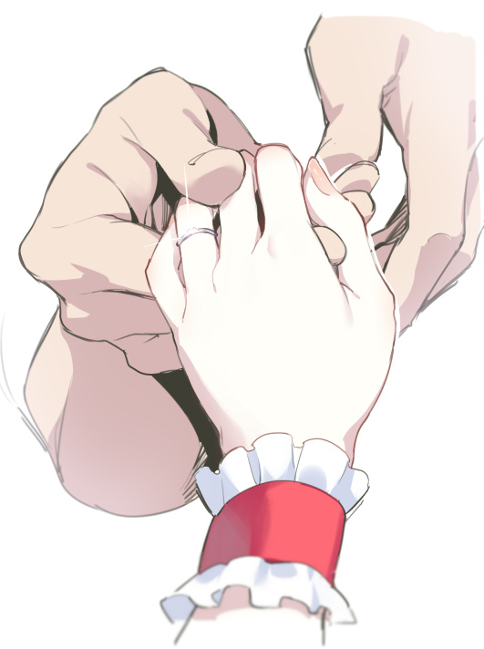 1boy 1girl asutora fingernails hands head_out_of_frame holding_hands jewelry remilia_scarlet ring simple_background touhou white_background wrist_cuffs