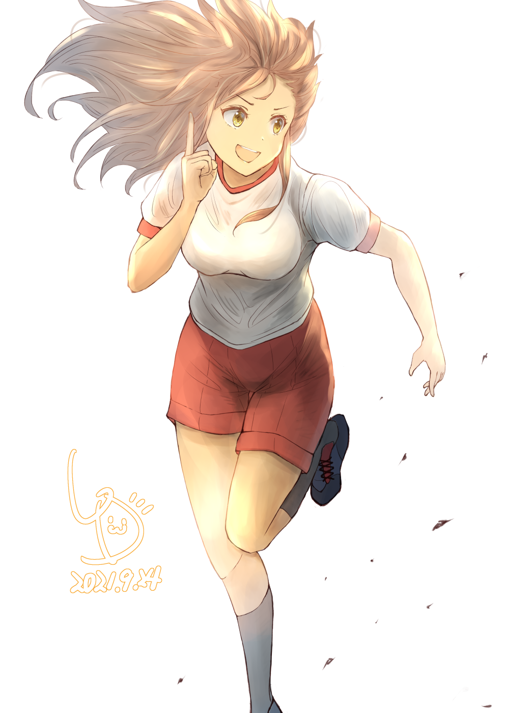 1girl artist_logo brown_hair commentary_request dated feet_out_of_frame grey_legwear gym_shirt gym_uniform highres index_finger_raised kantai_collection kneehighs ld_(luna_dial398) long_hair looking_back one-hour_drawing_challenge open_mouth orange_eyes red_shorts running shiratsuyu_(kancolle) shirt shorts simple_background smile solo t-shirt white_background white_shirt