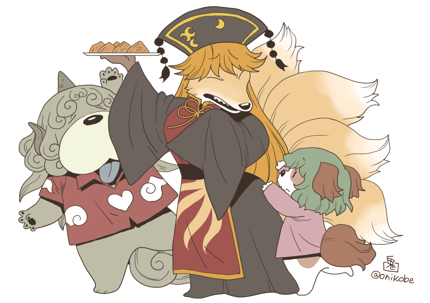 3girls animal_ears animalization arm_up bangs chinese_clothes chow_chow commentary_request dog_ears dog_tail eyebrows_visible_through_hair food fox_tail green_hair hair_between_eyes horns inarizushi junko_(fox) junko_(touhou) kariyushi_shirt kasodani_kyouko kitsune komano_aunn long_hair long_sleeves multiple_girls multiple_tails onikobe_rin orange_hair pawpads phoenix_crown plate single_horn sushi tabard tail tassel tongue tongue_out touhou twitter_username wide_sleeves