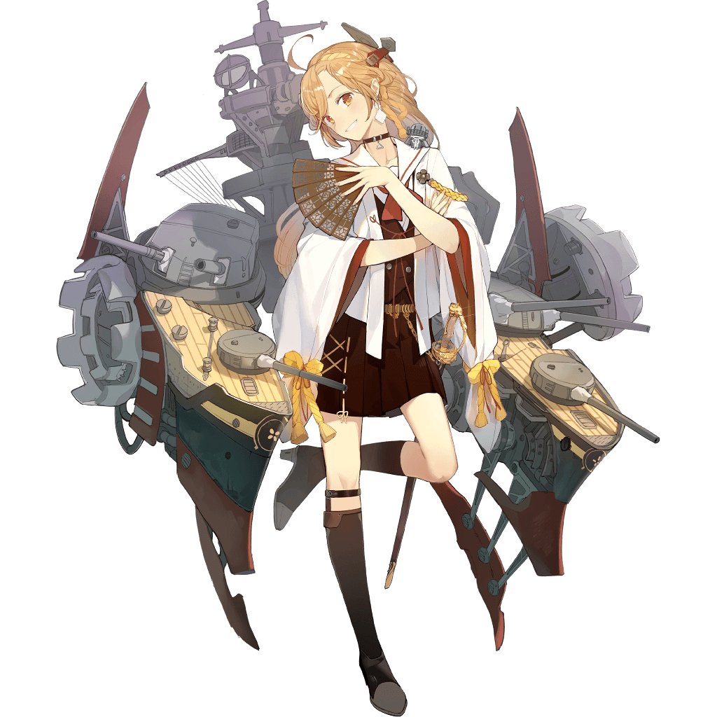 1girl ahoge artist_request bangs black_choker black_footwear black_skirt black_surge_night blonde_hair boots choker earrings grin hand_fan headgear high_heel_boots high_heels holding holding_fan japanese_clothes jewelry knee_boots kongou_(black_surge_night) leg_up long_hair official_art orange_eyes pleated_skirt rigging skirt smile solo sword transparent_background weapon wide_sleeves