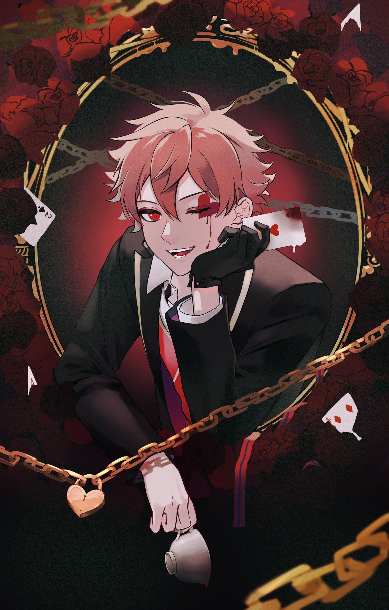 &gt;_o 1boy ace_trappola bangs black_gloves card chain cup emoemone eyeliner facial_mark floral_background flower gloves heart-shaped_lock highres holding holding_card holding_cup lock looking_at_viewer makeup male_focus mirror night_raven_college_uniform one_eye_closed open_mouth orange_hair padlock red_eyes red_flower red_rose rose rose_background short_hair single_glove smile solo teeth twisted_wonderland