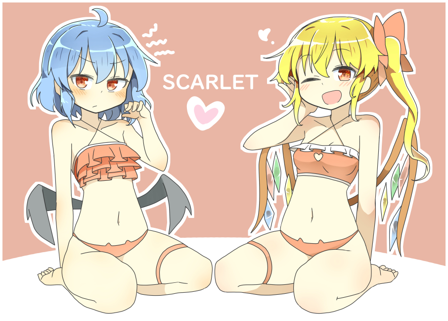 2girls ;d ahoge bangs barefoot bat_wings bikini blonde_hair blue_hair breasts closed_mouth clothing_cutout crystal english_text eyebrows_visible_through_hair flandre_scarlet full_body hair_ribbon halter_top halterneck heart heart_cutout leg_strap looking_at_viewer matsu_kitsune multiple_girls navel one_eye_closed one_side_up open_mouth red_bikini red_eyes red_ribbon remilia_scarlet ribbon seiza sitting small_breasts smile swimsuit touhou wings