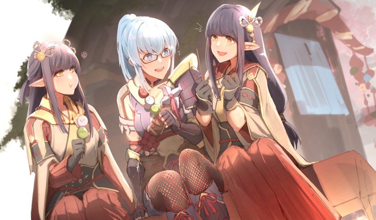 3girls armor bangs black_hair blue_eyes blue_hair blunt_bangs blush breasts dango eyebrows_visible_through_hair fewer_digits food glasses gloves hair_between_eyes hair_ornament headband hinoa japanese_clothes kamura_(armor) long_hair minoto monster_hunter_(series) monster_hunter_rise multiple_girls open_mouth pointy_ears ponytail siblings sidelocks simple_background sisters smile suiiryu thigh-highs twins wagashi yellow_eyes yuri