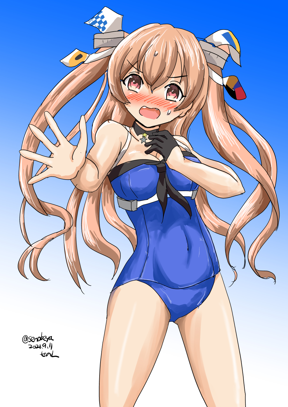 1girl black_gloves blue_background blush breasts brown_eyes casual_one-piece_swimsuit commentary_request dated fang foreshortening gloves gradient gradient_background highres johnston_(kancolle) kantai_collection light_brown_hair long_hair medium_breasts nose_blush official_alternate_costume one-piece_swimsuit senon single_glove solo standing swimsuit twitter_username two_side_up