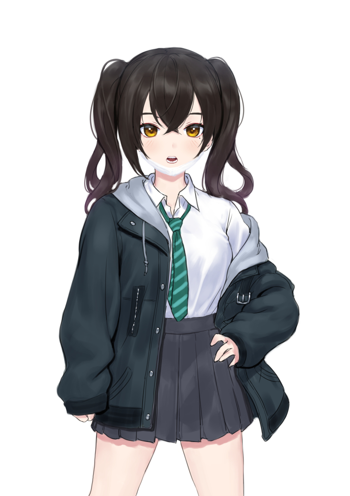 1girl bangs brown_eyes brown_hair cowboy_shot crossed_bangs green_neckwear grey_skirt hair_between_eyes hand_on_hip idolmaster idolmaster_cinderella_girls jacket looking_at_viewer medium_hair miniskirt mole mole_under_eye necktie off_shoulder open_mouth school_uniform sharp_teeth shirt simple_background siun skirt solo striped striped_neckwear sunazuka_akira teeth twintails white_background white_shirt