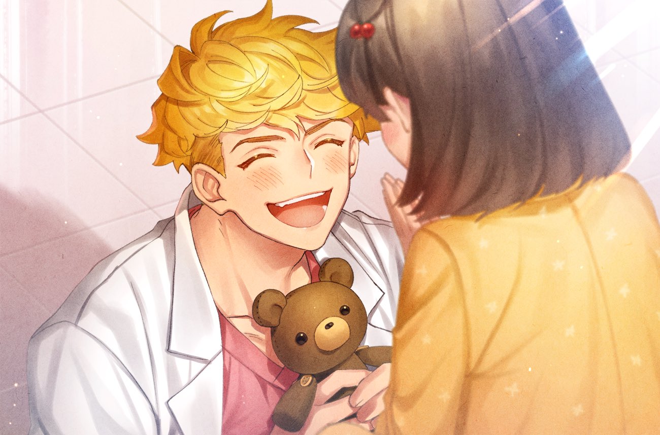 1boy 1girl back bear blonde_hair blush brown_hair closed_eyes coat day doctor granblue_fantasy holding holding_stuffed_toy labcoat open_clothes open_coat open_mouth pajamas red_shirt satoimo_sanda shirt short_hair smile stuffed_animal stuffed_toy sunlight teddy_bear teeth undercut upper_body upper_teeth vane_(granblue_fantasy) yellow_pajamas