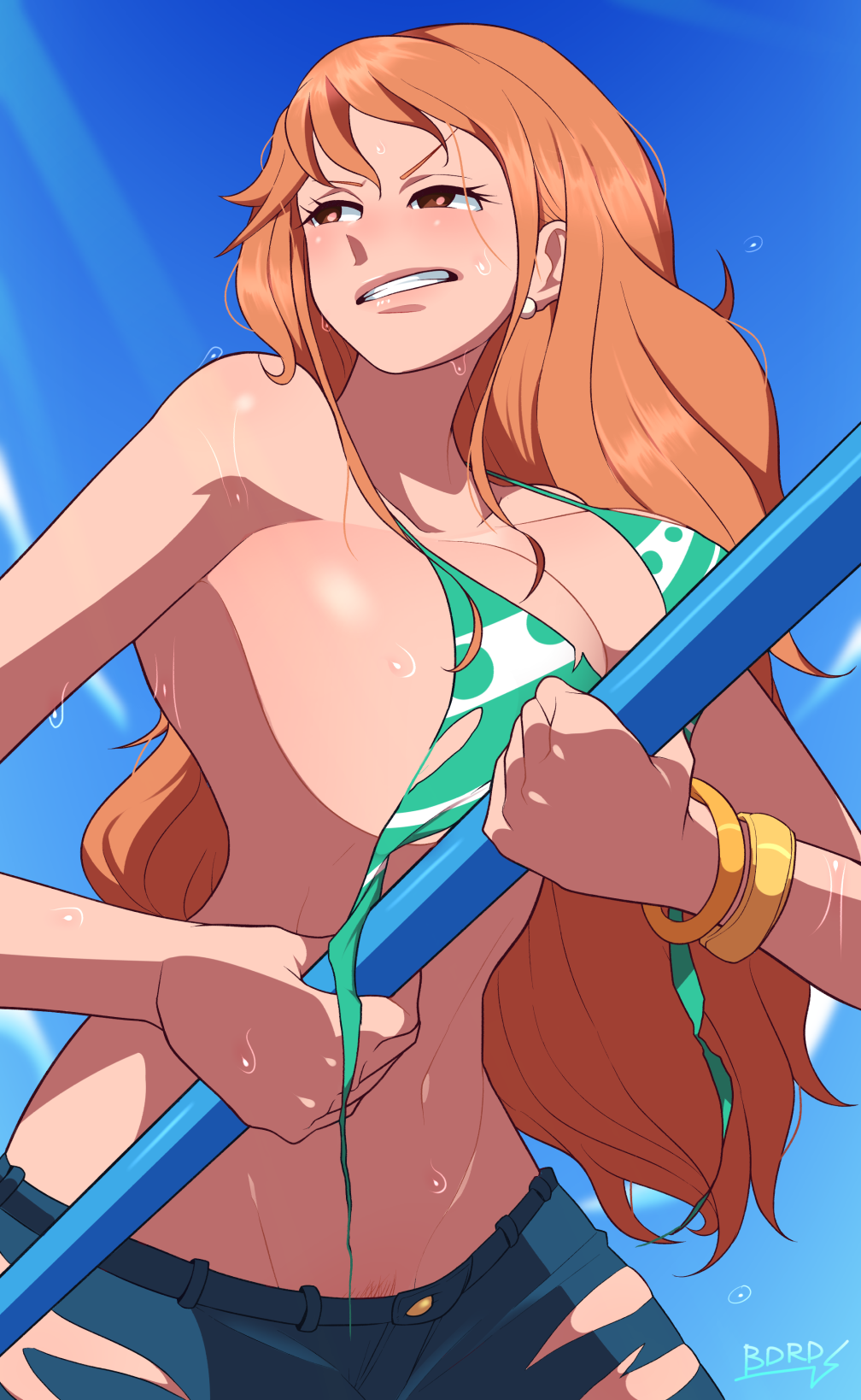 1girl angry bdrd bikini_top blue_sky facing_to_the_side female female_focus fighting jeans large_breasts long_hair nami_(one_piece) one_piece orange_hair pubic_hair solo solo_focus sweat torn_clothes torn_legwear torn_pants