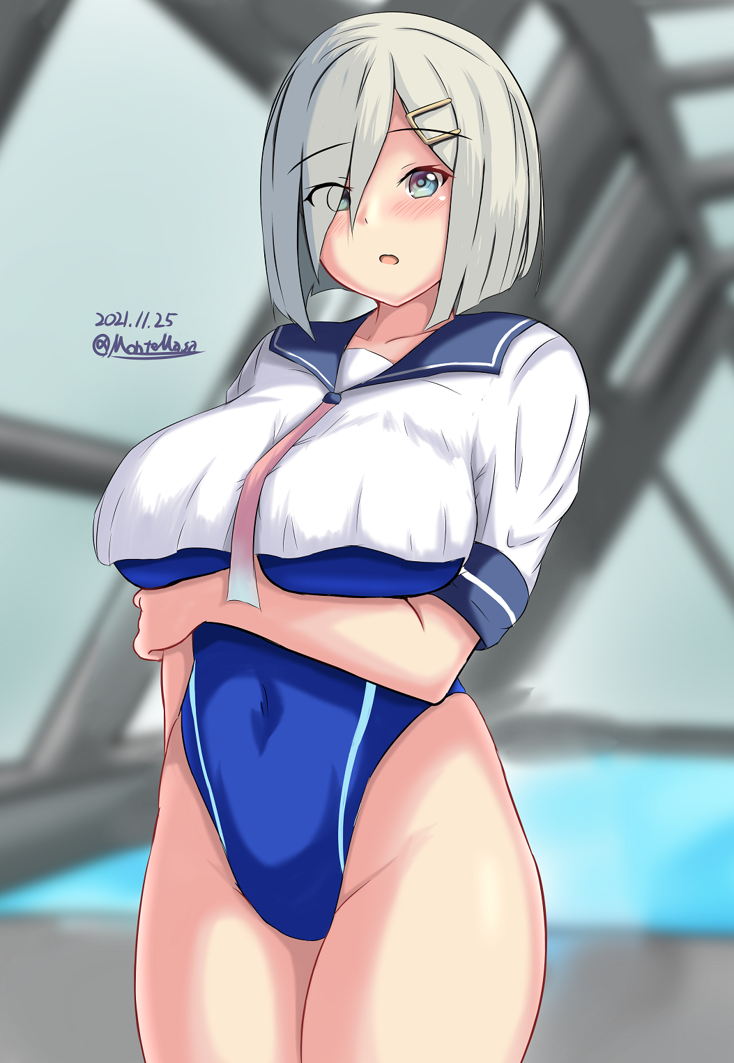 1girl blue_eyes blue_sailor_collar blue_swimsuit blush breasts clothing_cutout competition_swimsuit crossed_arms dated eyebrows_visible_through_hair eyes_visible_through_hair hair_ornament hairclip hamakaze_(kancolle) highres kantai_collection large_breasts looking_at_viewer montemasa one-piece_swimsuit open_mouth rei_no_pool sailor_collar school_uniform serafuku short_hair silver_hair swimsuit swimsuit_under_clothes twitter_username