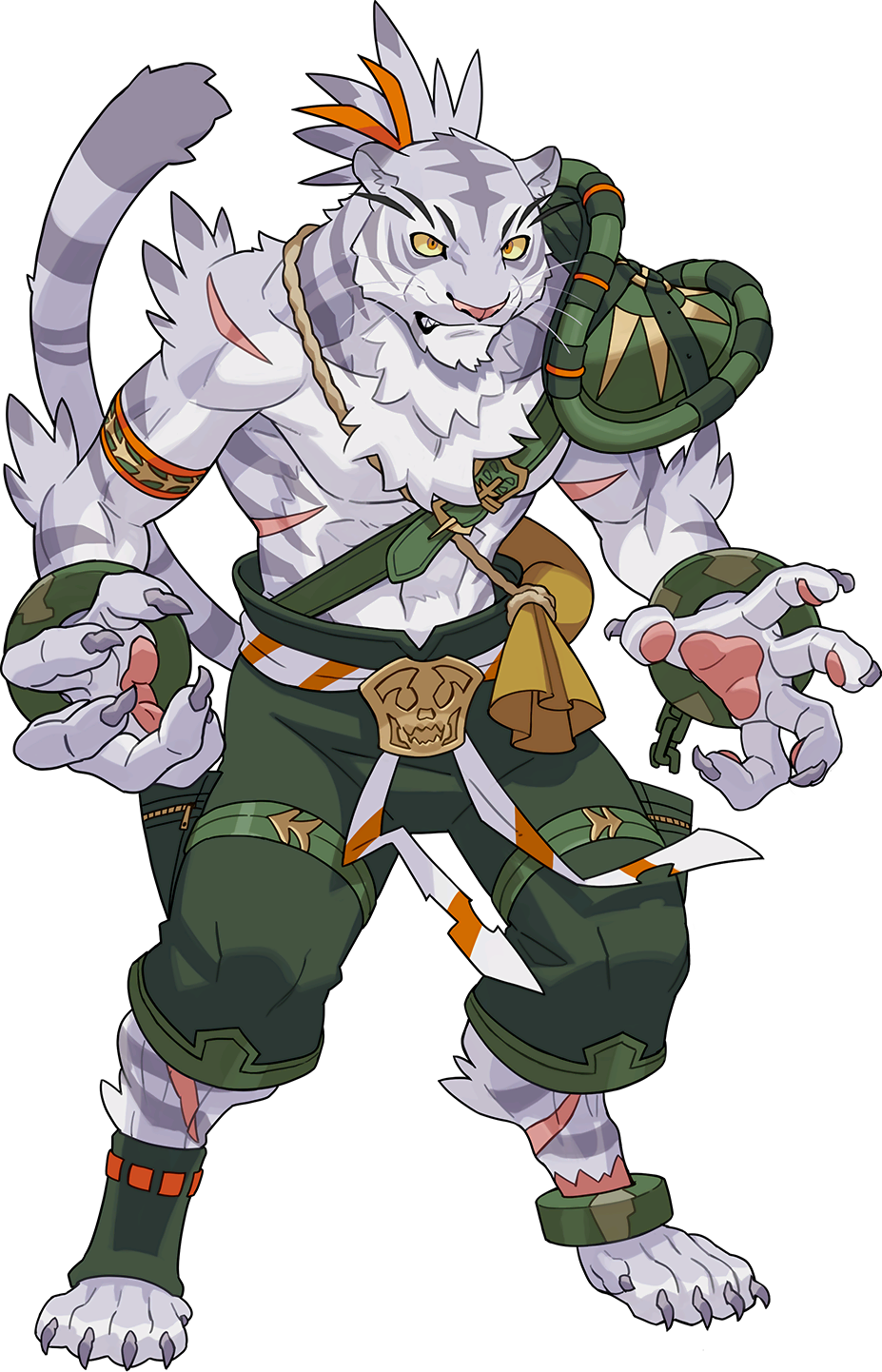 1boy abs angry animal_ears animal_feet animal_hands animal_nose armband armor artist_request belt body_fur broken broken_chain chain claws clenched_teeth colored_sclera cuffs full_body furry furry_male green_legwear green_shorts grey_fur grey_hair hair_ribbon highres male_focus multicolored_hair muscular muscular_male navel nimbus_(world_flipper) non-web_source official_art orange_eyes orange_ribbon pauldrons pawpads pectorals ribbon rope sack scar scar_on_arm scar_on_leg shackles sharp_teeth short_hair shorts shoulder_armor single_pauldron snout socks solo stomach tail teeth tied_hair tiger_boy tiger_ears tiger_tail toeless_legwear topknot transparent_background two-tone_hair whiskers white_fur world_flipper yellow_sclera zipper zipper_pull_tab