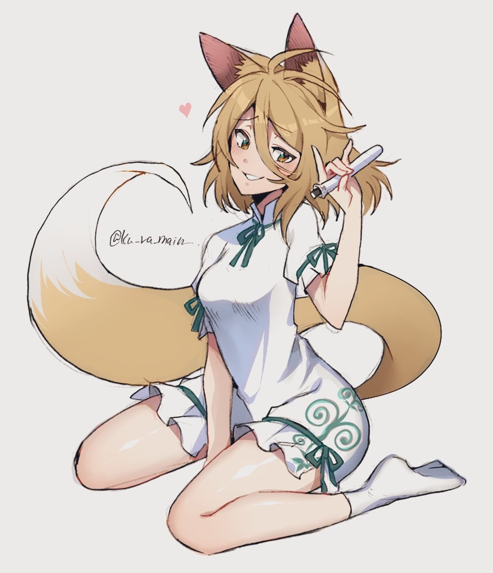 1girl animal_ear_fluff animal_ears arm_up bangs blonde_hair blush breasts eyebrows_visible_through_hair fox_ears fox_shadow_puppet fox_tail hair_between_eyes jumpsuit kudamaki_tsukasa kuroshirase looking_at_viewer medium_breasts open_mouth puffy_short_sleeves puffy_sleeves shiny shiny_skin short_hair short_sleeves simple_background sitting socks solo tail test_tube thighs touhou transparent_background twitter_username white_background white_jumpsuit white_legwear yellow_eyes