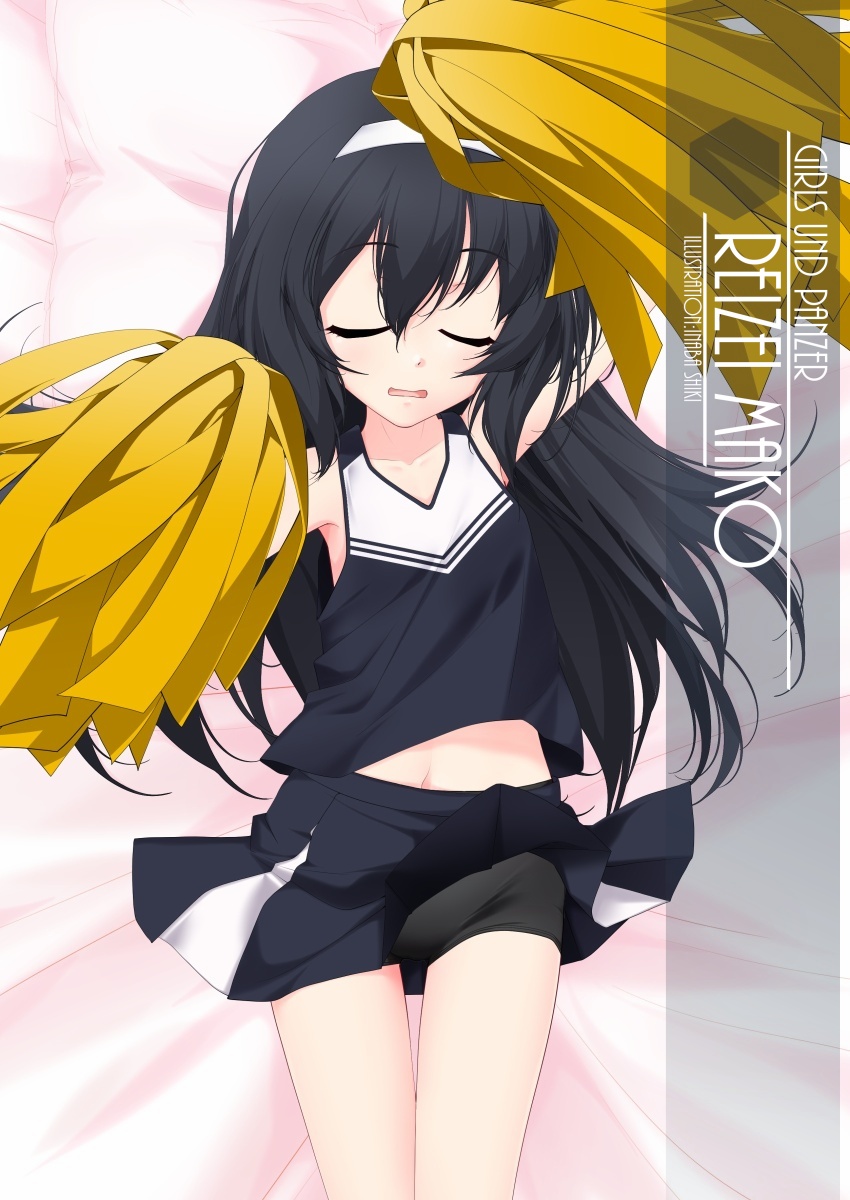 1girl artist_name bangs bike_shorts black_hair black_shorts blue_skirt character_name cheerleader chestnut_mouth closed_eyes clothes_lift copyright_name cowboy_shot facing_viewer girls_und_panzer hairband highres holding holding_pom_poms inaba_shiki long_hair looking_at_viewer lying pleated_skirt pom_pom_(cheerleading) reizei_mako shirt shorts shorts_under_skirt skirt skirt_lift sleeveless sleeveless_shirt solo white_hairband