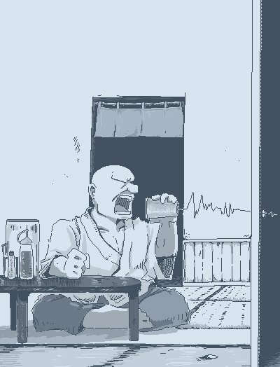 1boy bald barefoot bottle clenched_hand collarbone cross-section cup disposable_cup faceless faceless_male hamsterfragment hand_on_table hand_up holding holding_cup indoors jaggy_line male_focus monochrome noren open_mouth original pants shouting sitting solo string_phone table