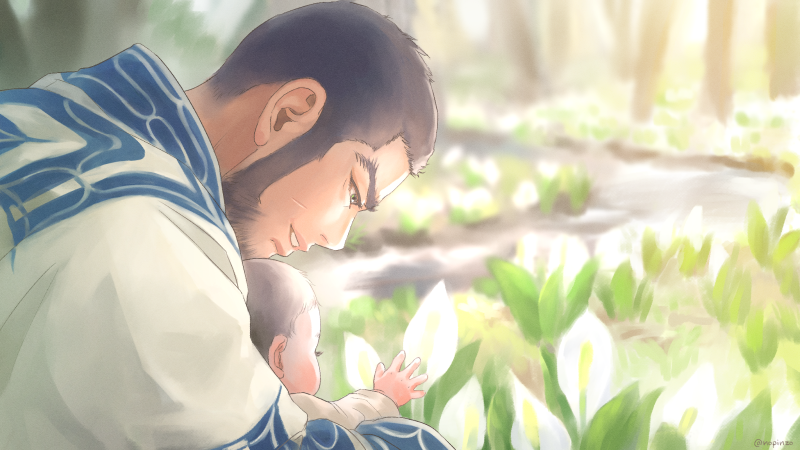 2boys ainu_clothes baby beard black_hair blush buzz_cut facial_hair father_and_son flower flower_request golden_kamuy lips long_sideburns male_focus mature_male multiple_boys nopinzo short_hair sideburns smile tanigaki_genjirou thick_eyebrows tree upper_body very_short_hair white_flower