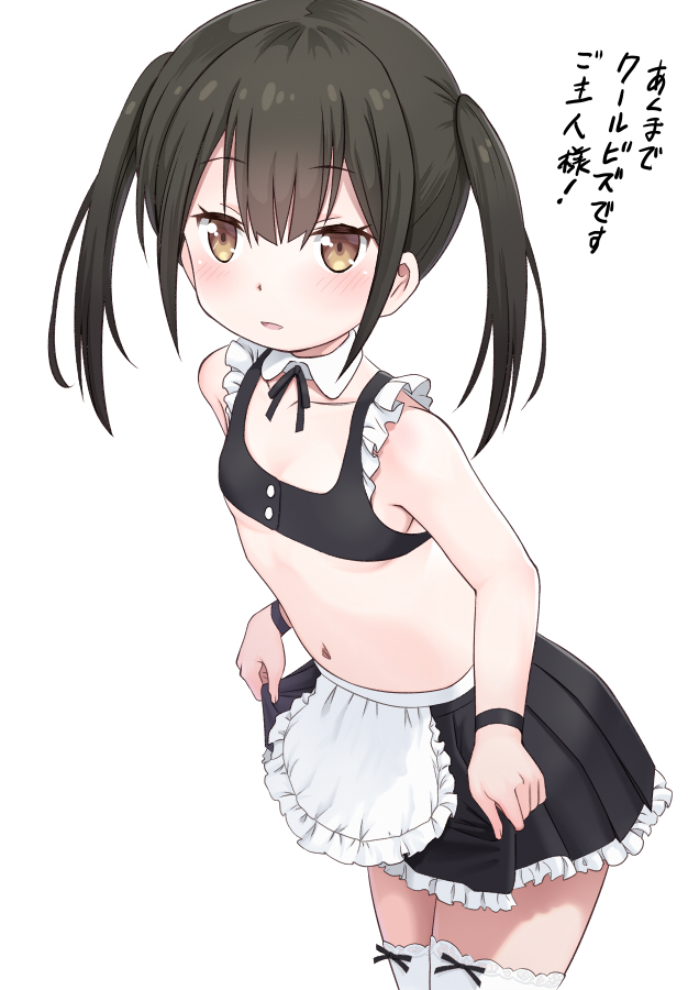 1girl bangs black_skirt breasts brown_eyes brown_hair commentary_request eyebrows_visible_through_hair loli looking_at_viewer maid meow_(nekodenki) midriff navel original skirt small_breasts solo thigh-highs translation_request twintails white_legwear