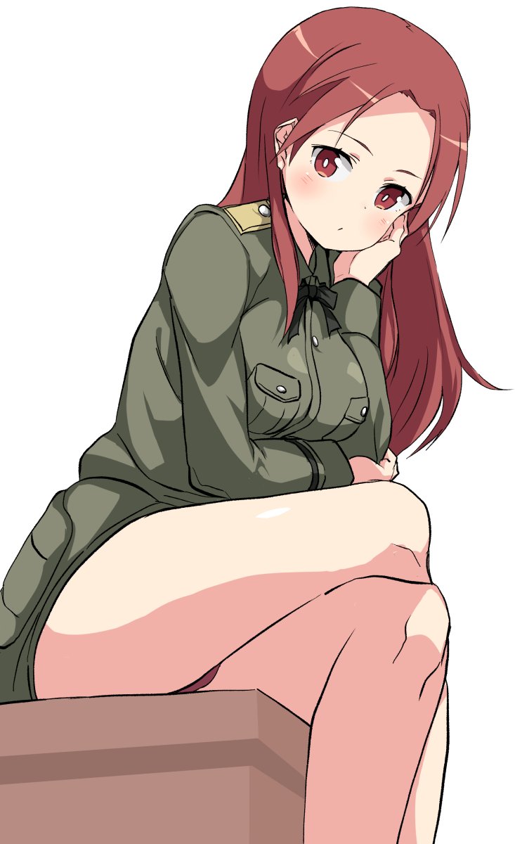 1girl breast_pocket buta-don buttons crossed_legs hand_on_own_cheek hand_on_own_face highres legs long_hair looking_at_viewer minna-dietlinde_wilcke no_pants panties pocket red_eyes red_panties redhead simple_background sitting solo strike_witches thighs underwear uniform white_background world_witches_series