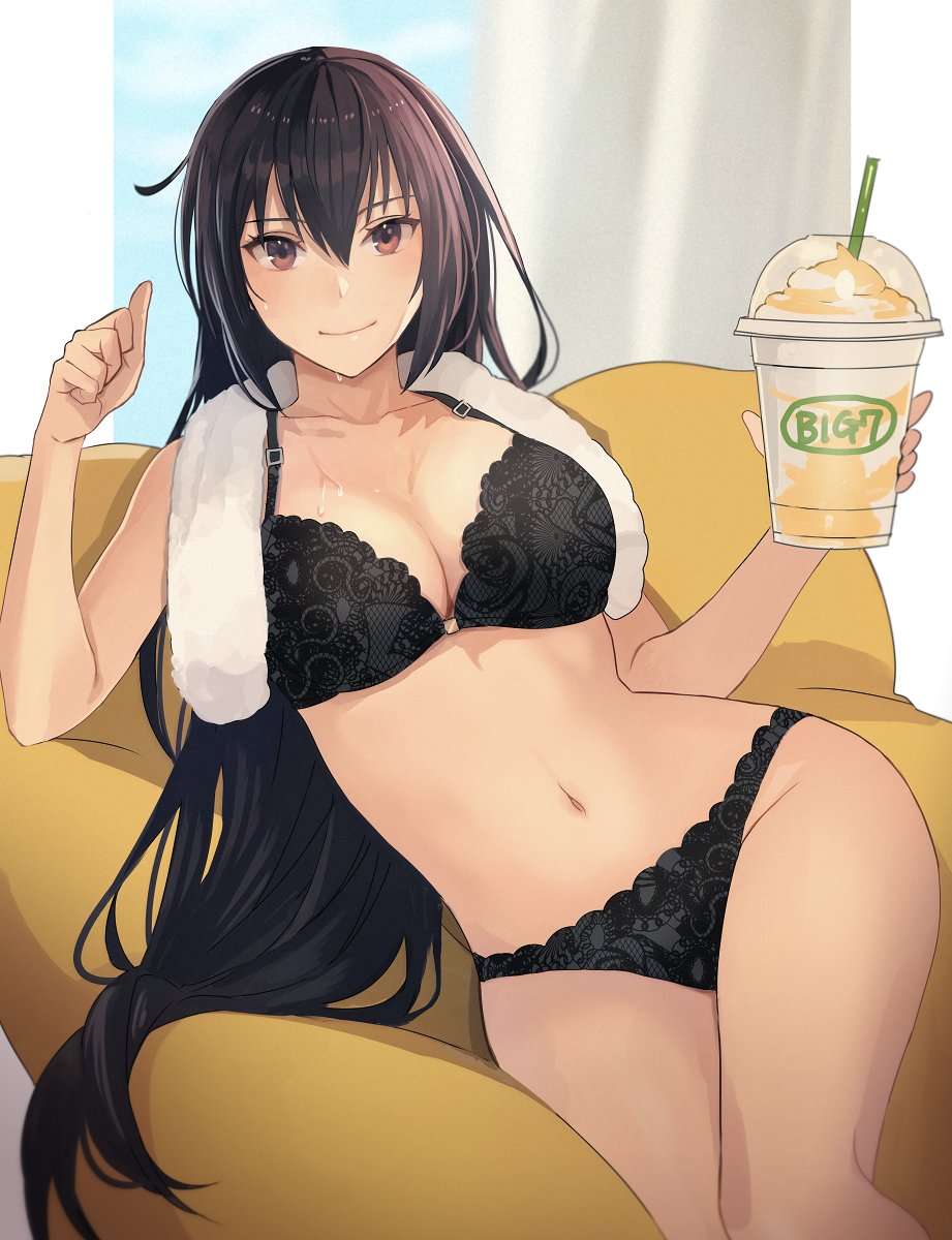 1girl bare_legs black_bra black_hair black_panties blush bra breasts brown_eyes closed_mouth collarbone drink drinking_straw eyebrows_visible_through_hair groin hair_between_eyes highres holding holding_drink kantai_collection kasumi_(skchkko) large_breasts long_hair looking_at_viewer nagato_(kancolle) navel panties smile solo towel towel_around_neck underwear