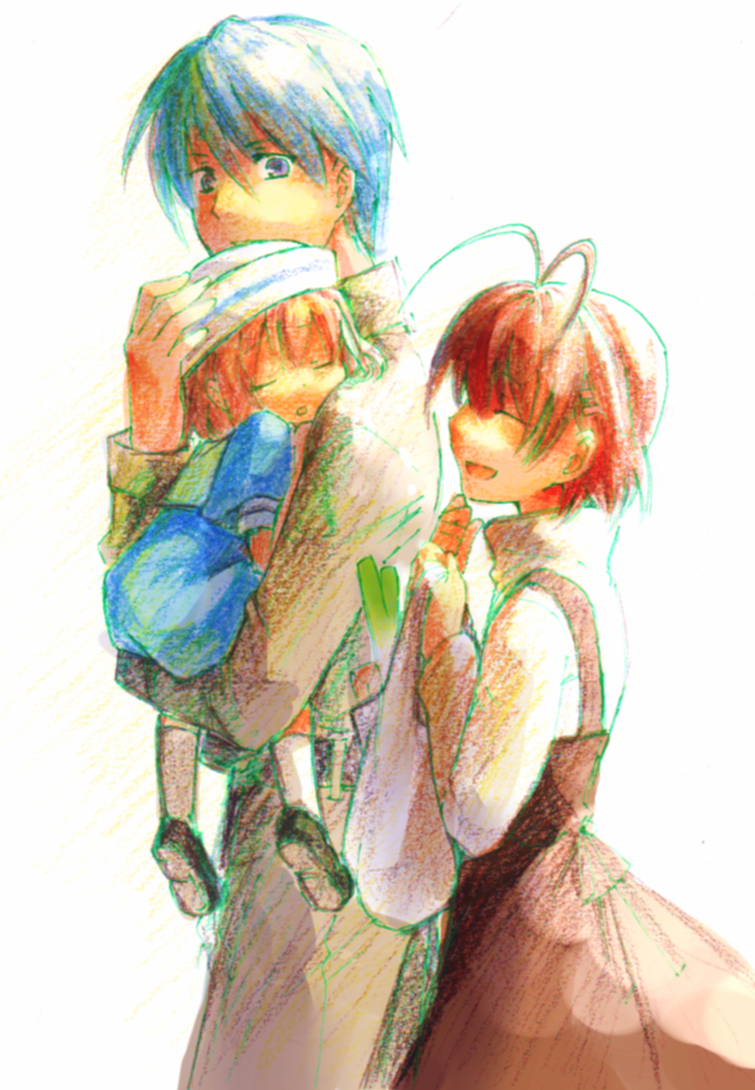 blue_hair brown_hair carrying child clannad family furukawa_nagisa husband_and_wife komota okazaki_tomoya okazaki_ushio short_hair