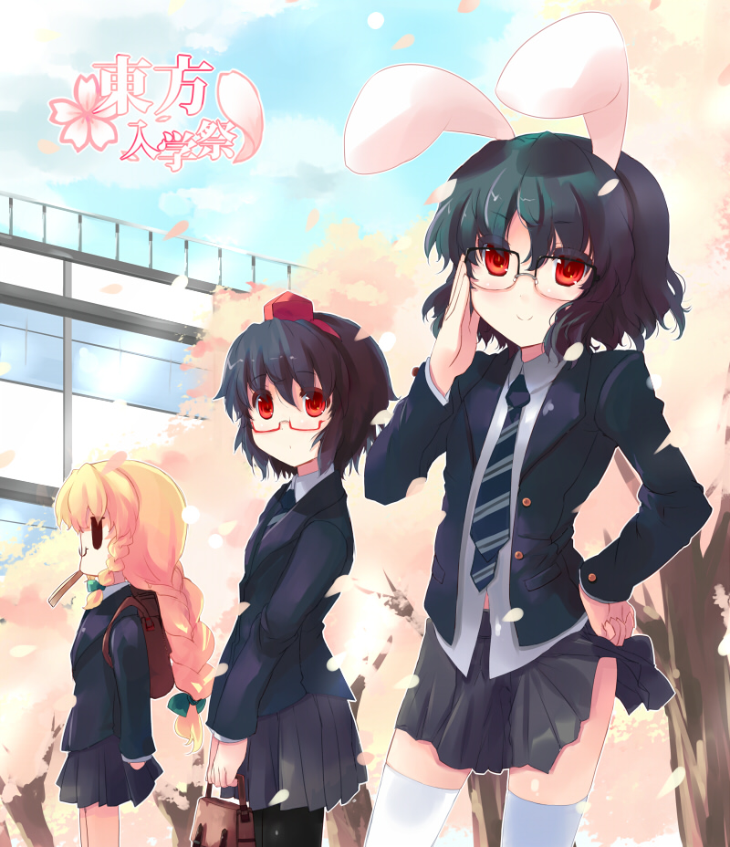 3girls alternate_costume animal_ears backpack bag bespectacled black_hair blonde_hair braid bunny_ears cherry_blossoms contemporary glasses hat inaba_tewi kirisame_marisa long_hair multiple_girls necktie pantyhose rabbit_ears red_eyes school_uniform shameimaru_aya shin_(new) short_hair thigh-highs thighhighs tokin_hat touhou white_legwear white_thighhighs