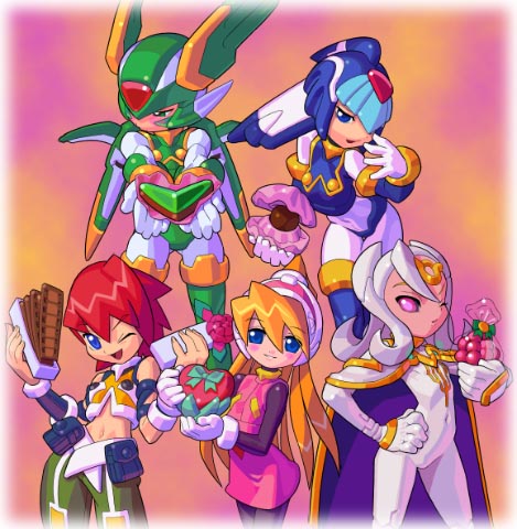 3girls androgynous blonde_hair blue_eyes capcom cape chocolate chocolate_heart ciel ciel_(megaman) ciel_(rockman) everyone facial_mark fairy_leviathan green_eyes harpuia harpuia_(megaman) harpuia_(rockman) heart helmet kyubit_foxtar leviathan leviathan_(megaman) leviathan_(rockman) long_hair lowres megaman_zero multiple_boys multiple_girls neige neo_arcadia pantyhose pink_background purple_eyes red_hair rockman rockman_zero sage_harpuia skin_tight trap valentine