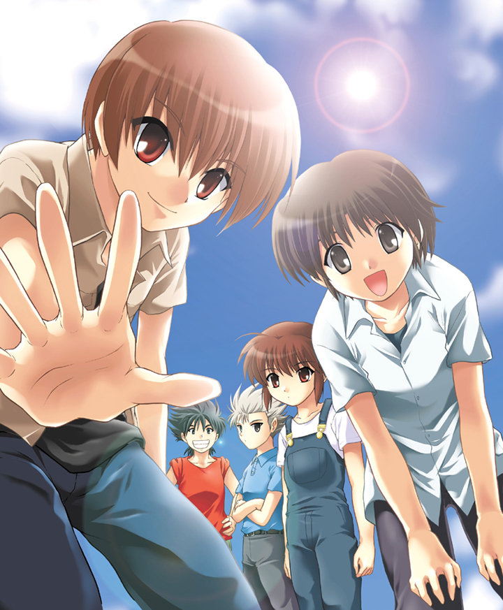 foreshortening from_below inohara_masato lens_flare little_busters!! long_hair miyazawa_kengo mutsuki_masato naoe_riki natsume_kyousuke natsume_rin overalls sun