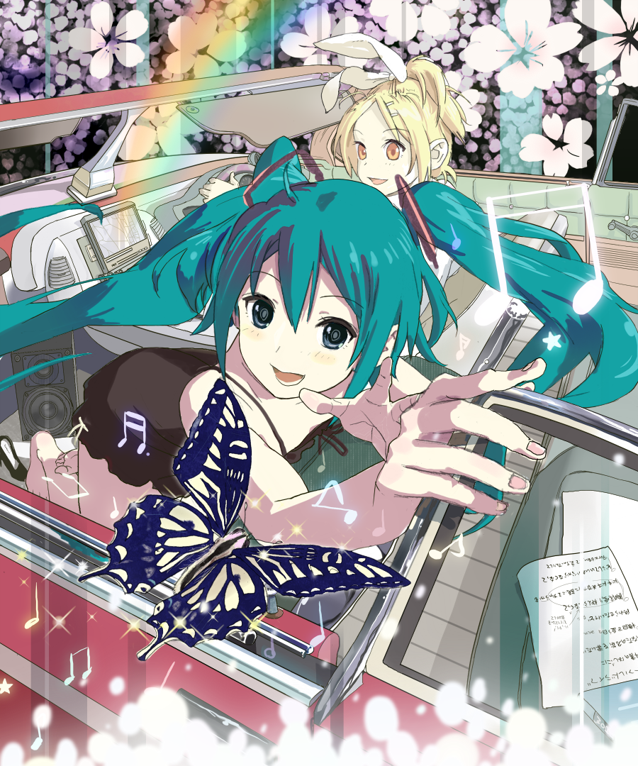 aqua_hair bad_id barefoot blonde_hair butterfly car hair_ornament hair_ribbon hairclip hatsune_miku kagamine_rin long_hair motor_vehicle musical_note ponytail ribbon short_hair shuku sitting smile speaker twintails vehicle vocaloid yellow_eyes