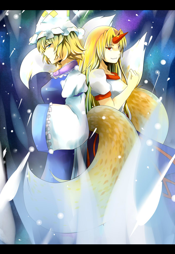 blonde_hair blue_eyes fox_tail horn horns hoshiguma_yuugi multiple_girls multiple_tails pakuchii red_eyes tail touhou yakumo_ran