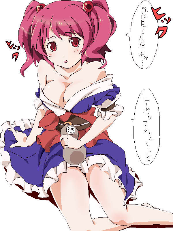 blush breasts cleavage drunk gourd hair_bobbles hair_ornament legs oekaki off_shoulder onozuka_komachi raichi_(pixiv) red_eyes red_hair short_hair sitting touhou translated