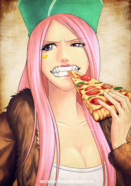 1girl breasts bust cleavage facial_mark food fur_coat green_hat green_headwear hat headwear holding holding_food holding_pizza jacket jewelry_bonnie kei-suwabe lipstick long_hair one_piece piercing pink_hair pizza purple_eyes solo tattoo teeth