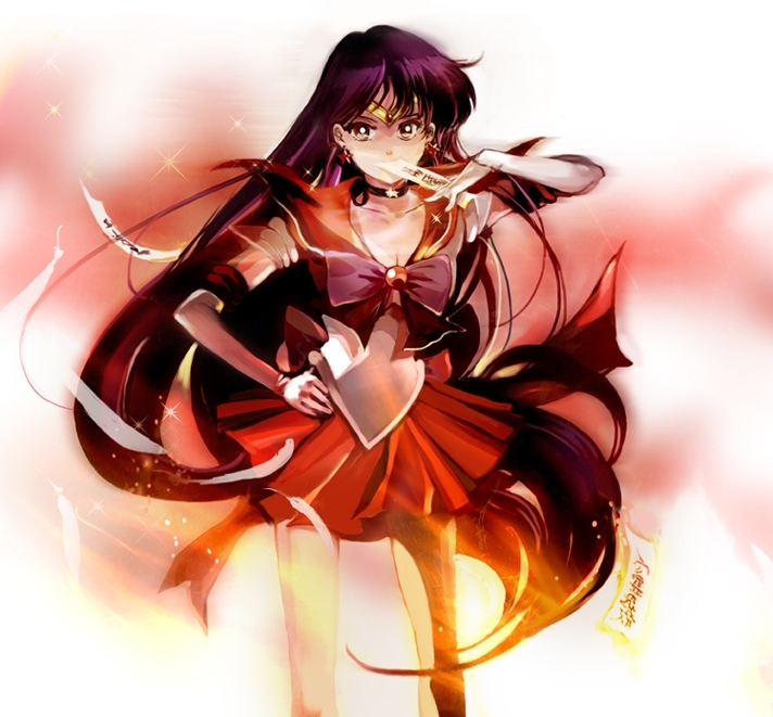 athenacg bishoujo_senshi_sailor_moon black_hair bow choker earrings elbow_gloves fire gloves hand_on_hip hino_rei jewelry jewerly long_hair magical_girl ofuda ribbon sailor_mars skirt solo sparkle super_sailor_mars