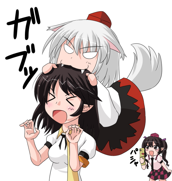 animal_ears biting cellphone fangs hat himekaidou_hatate inubashiri_momiji phone pointy_ears shameimaru_aya tail tokin_hat touhou wakarashi wolf_ears wolf_tail