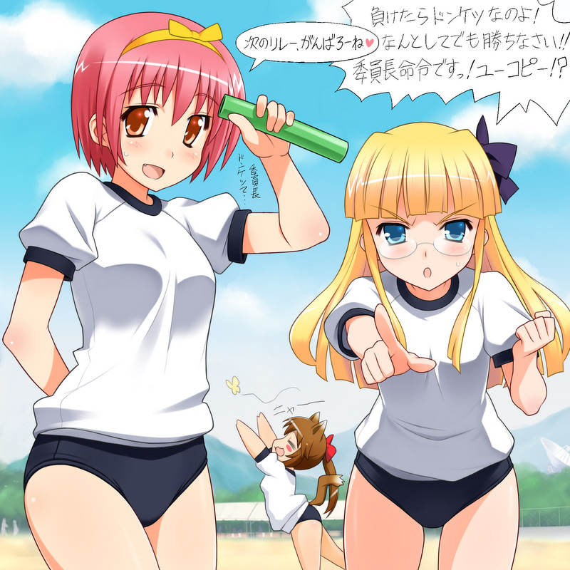 3girls :o blonde_hair blue_eyes blush bow brown_hair buruma closed_eyes glasses gym_uniform hair_bow hairband itoji leaning_forward multiple_girls original pink_hair sweatdrop tail translation_request