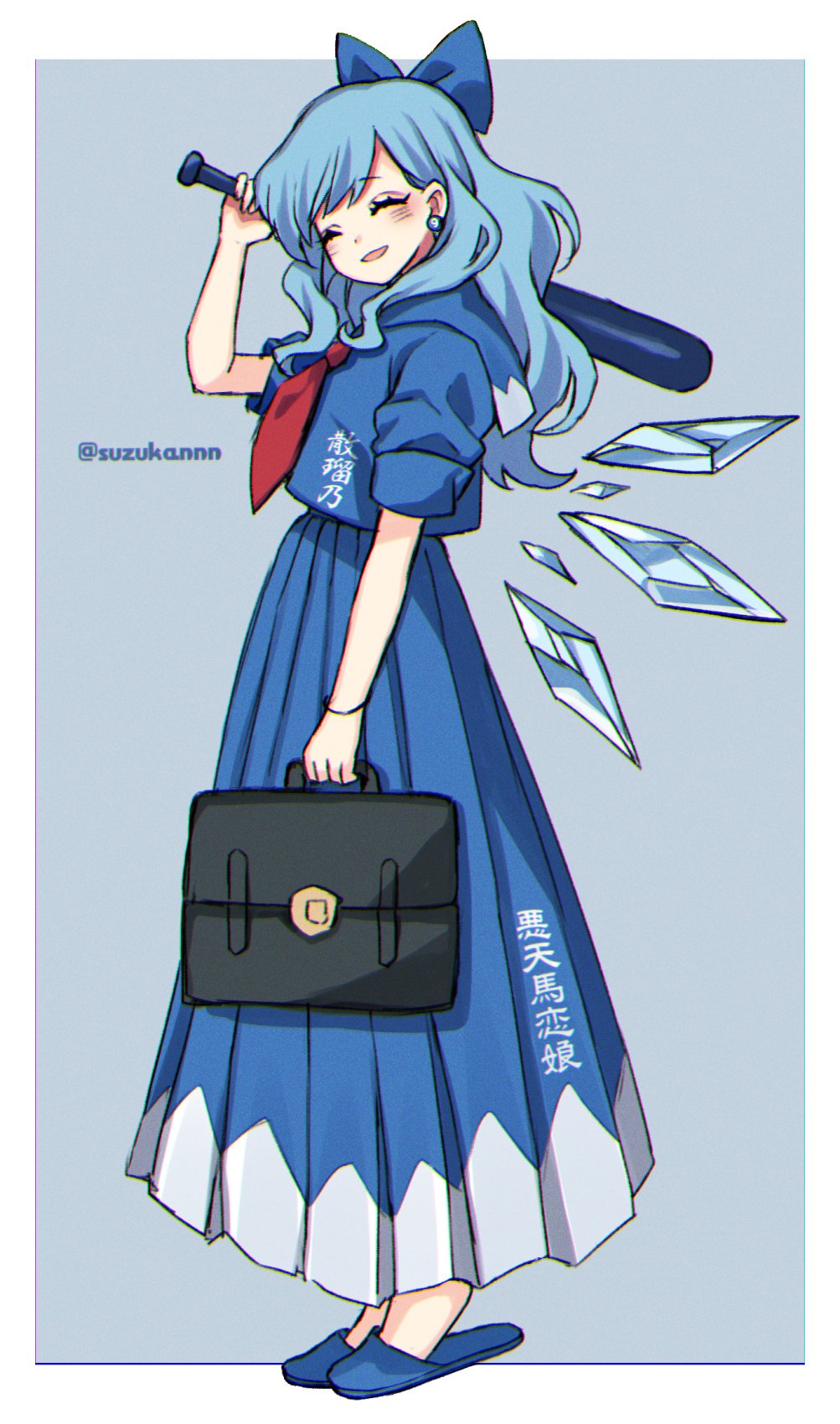 1girl alternate_costume alternate_hair_length alternate_hairstyle bag bangle bangs baseball_bat bat blue_background blue_bow blue_dress blue_hair blue_serafuku blush bow bracelet cirno commentary_request dress earrings eyebrows_visible_through_hair hair_bow highres ice ice_wings jewelry kyouda_suzuka long_hair red_neckwear red_ribbon ribbon school_uniform sidelocks simple_background sleeves_rolled_up slippers smile solo standing touhou twitter_username wings
