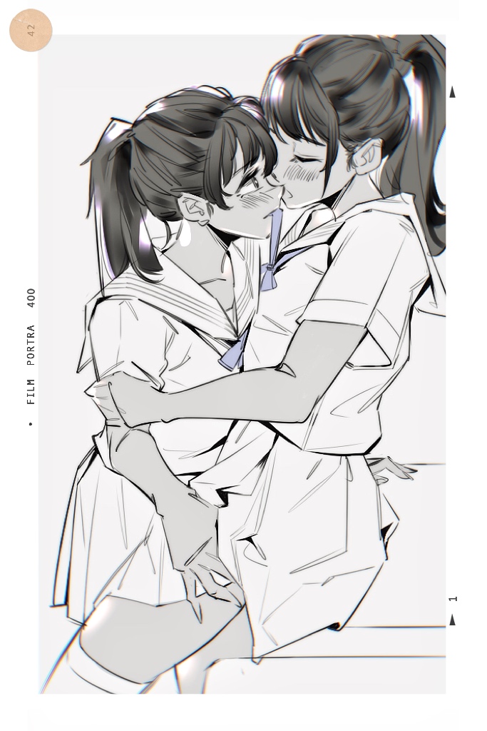 2girls 95--- arm_grab arm_up blush closed_eyes eyebrows_visible_through_hair hand_on_another's_arm long_hair looking_at_another mouth_hold multiple_girls original ponytail ribbon ribbon_in_mouth school_uniform serafuku spot_color uniform yuri