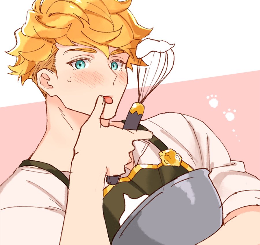 1boy apron black_apron blonde_hair blush bowl cooking cream granblue_fantasy green_eyes holding holding_bowl holding_whisk looking_at_viewer male_focus mixing_bowl satoimo_sanda shirt simple_background solo tongue tongue_out undercut upper_body vane_(granblue_fantasy) whisk white_shirt wiping_mouth