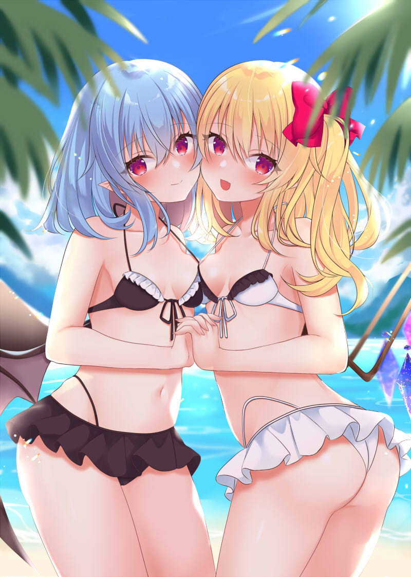 2girls :d ass bangs bare_shoulders bat_wings bikini blonde_hair blue_hair blurry blurry_foreground blush bow breasts cheek-to-cheek chromatic_aberration closed_mouth clouds commentary_request cowboy_shot crystal day depth_of_field eyebrows_visible_through_hair fang flandre_scarlet hair_between_eyes hair_bow heads_together long_hair looking_at_viewer mountainous_horizon multiple_girls navel no_hat no_headwear one_side_up open_mouth outdoors pointy_ears red_bow red_eyes remilia_scarlet siblings sisters skin_fang sky small_breasts smile sunlight swimsuit tosakaoil touhou wings yuri