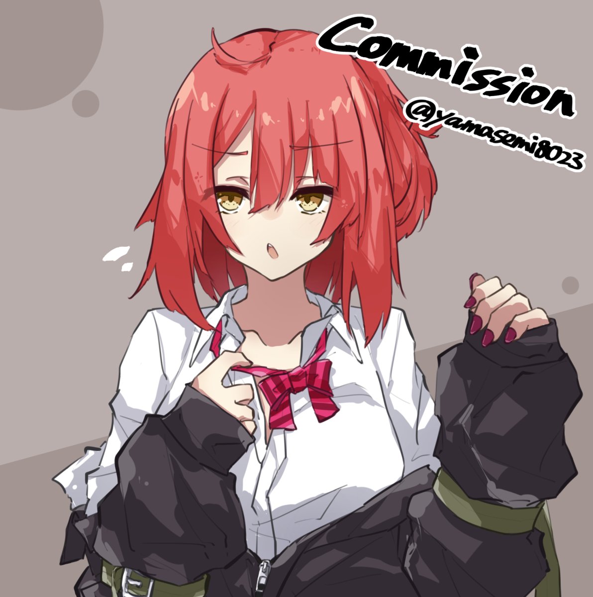 1girl ahoge bangs commission eyebrows_visible_through_hair girls_frontline highres medium_hair mp7_(girls'_frontline) partially_unbuttoned red_nails redhead ribbon skeb_commission solo undressing yamasemi_(yy8023) yellow_eyes
