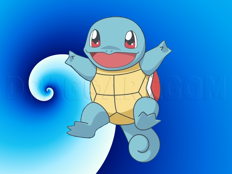 arms_up black_eyes blue_background blue_skin colored_skin copyright_request jumping open_mouth red_eyes squirtle swirl tail turtle turtle_shell