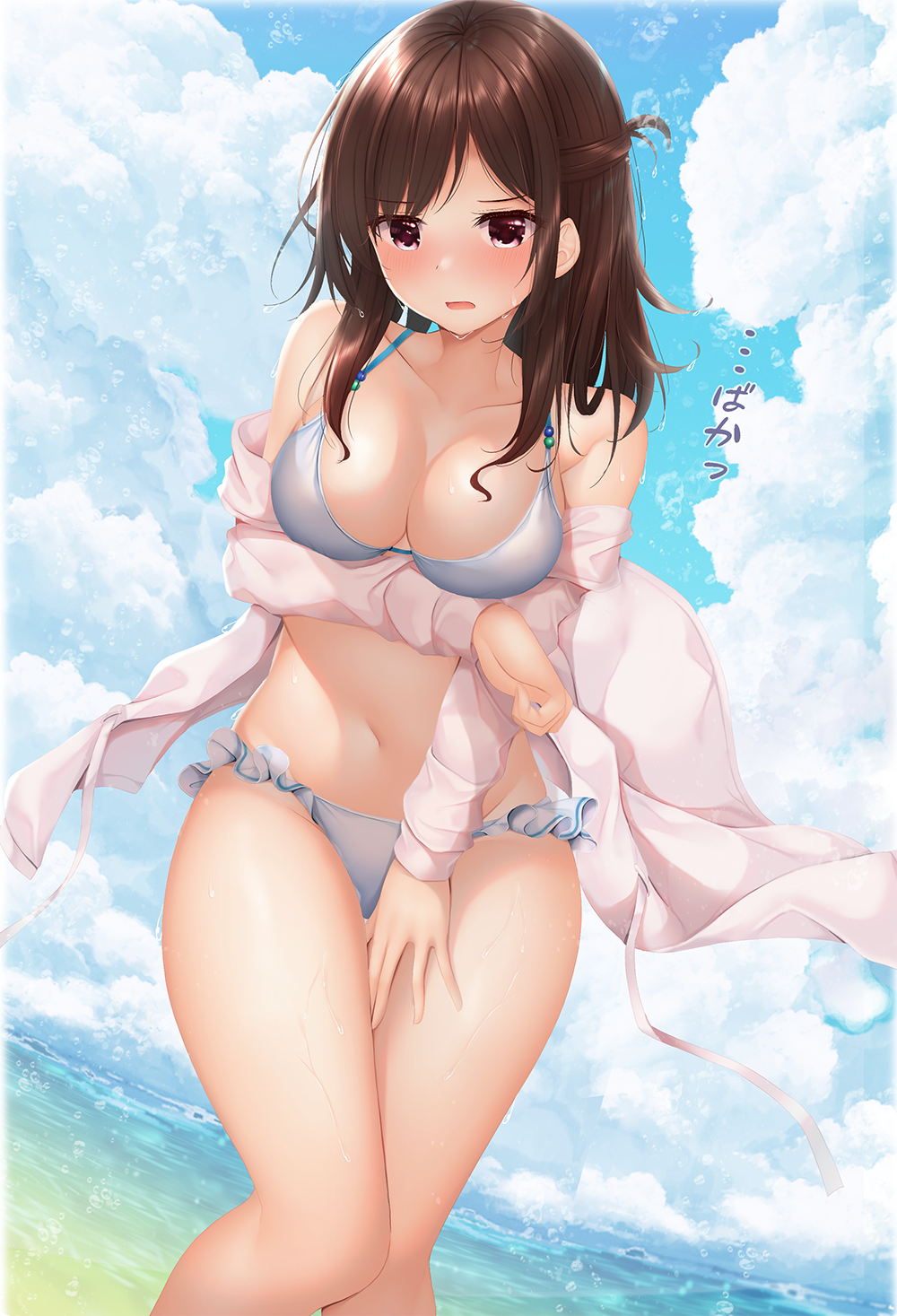 1girl arm_under_breasts bikini blue_bikini blush breast_hold breasts brown_hair collarbone commentary_request day highres long_hair looking_at_viewer minato_ojitan navel off_shoulder open_clothes open_mouth open_shirt original outdoors red_eyes shirt solo standing swimsuit white_shirt wind