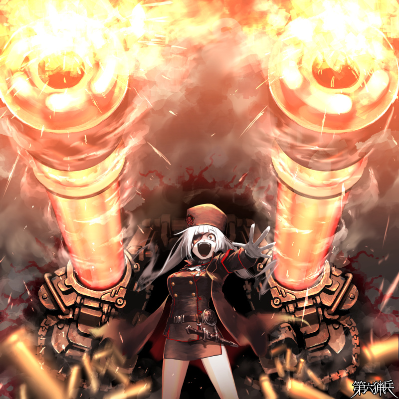 1girl belt black_coat black_eyepatch black_eyes black_headwear black_shirt black_skirt blurry blurry_foreground coat constricted_pupils copyright_name dairoku_ryouhei eyepatch firing gatling_gun gloves glowing hat hetza_(hellshock) knife long_hair looking_at_viewer military military_uniform miniskirt one_eye_covered open_mouth papakha sheath sheathed shell_casing shirt side_slit skirt smile solo standing teeth uniform very_long_hair white_gloves white_hair wide_shot