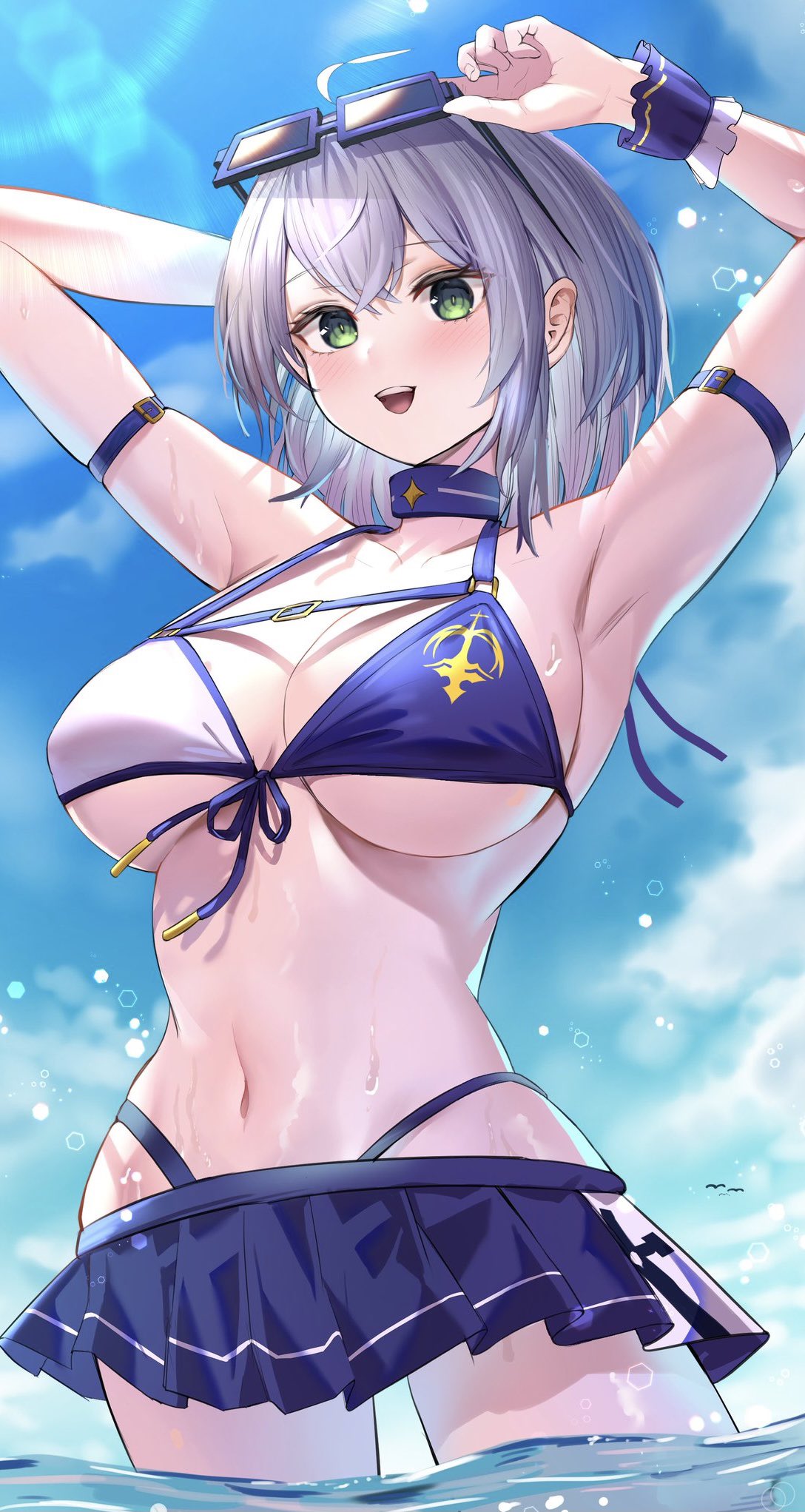 1girl :d adjusting_eyewear arm_behind_head arm_strap armpits arms_up bikini bikini_skirt blue_bikini blue_sky blush breasts commentary_request cowboy_shot day eyebrows_visible_through_hair eyewear_on_head front-tie_top green_eyes highres hololive large_breasts looking_at_viewer medium_hair navel open_mouth outdoors ruka_tou shirogane_noel silver_hair sky smile solo standing stomach sunglasses swimsuit under_boob virtual_youtuber wading wet white_bikini wrist_cuffs