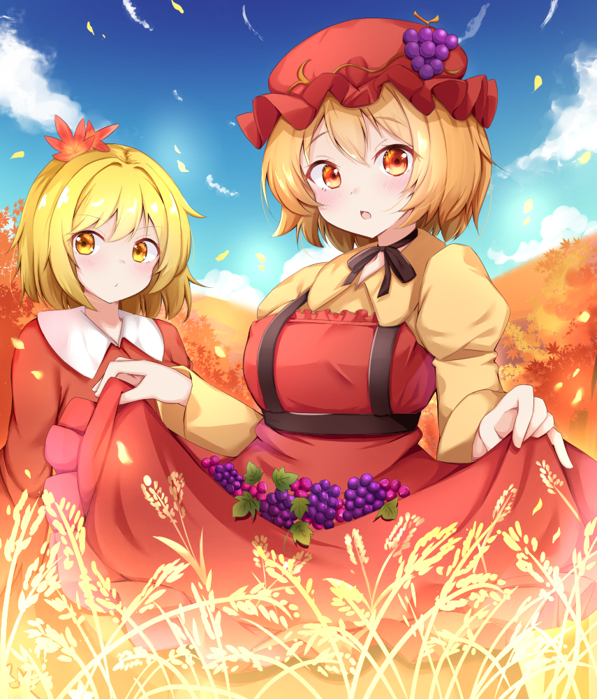 2girls aki_minoriko aki_shizuha apron autumn autumn_leaves bangs belt blonde_hair blue_sky blush bow bowtie breasts brown_belt brown_bow brown_neckwear closed_mouth clouds cloudy_sky collared_dress dress eyebrows_visible_through_hair food fruit grapes hair_between_eyes hair_ornament hat leaf leaf_hair_ornament leaf_on_head long_sleeves looking_at_viewer looking_to_the_side medium_breasts mob_cap multiple_girls open_mouth orange_eyes orange_hair puffy_sleeves red_apron red_dress red_headwear rururiaru short_hair sky touhou wide_sleeves yellow_dress yellow_eyes