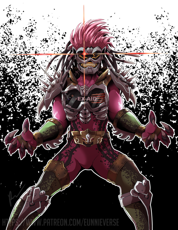 1boy another_ex-aid another_rider_(zi-o) armor claws clenched_teeth colored_skin creature driver eunnieverse evil_grin evil_smile fingernails glaring grin hair_intakes kamen_rider kamen_rider_zi-o_(series) long_hair monster open_hands patreon_username pink_hair pink_skin sharp_fingernails shoulder_spikes smile spikes sunken_eyes teeth yellow_eyes yellow_teeth