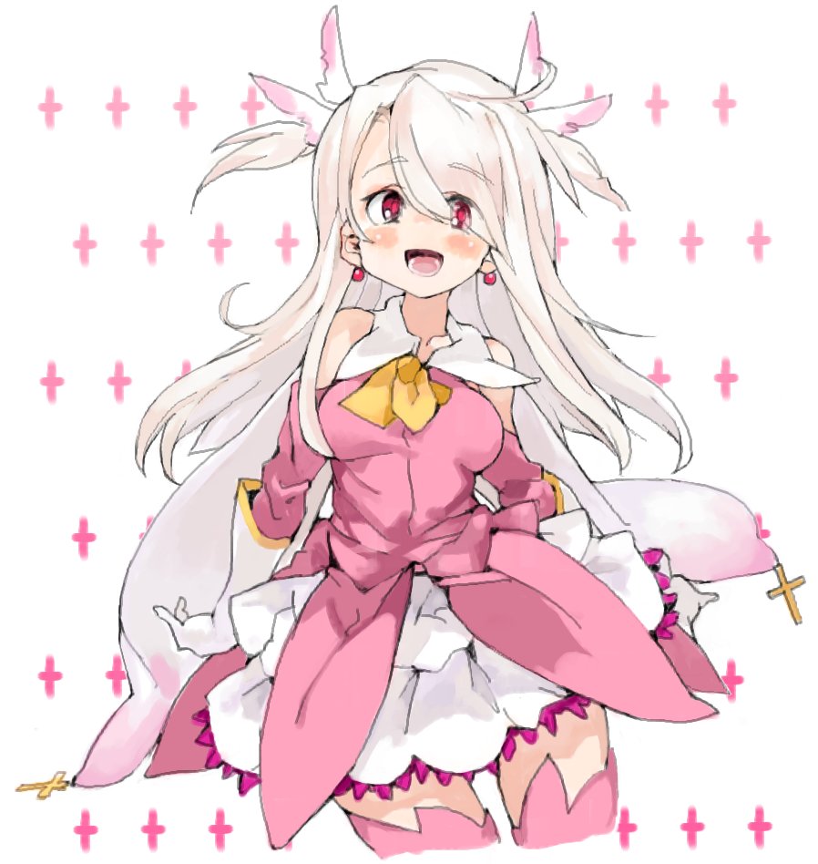 1girl breasts dress earrings fate/kaleid_liner_prisma_illya fate_(series) gloves illyasviel_von_einzbern jewelry magical_girl open_mouth pink_dress red_eyes ribbon sachito small_breasts solo white_hair