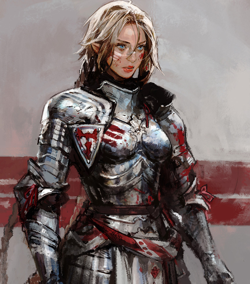 1girl armor blonde_hair blood blood_on_face blue_eyes boobplate chocofing_r closed_mouth commentary facial_mark gauntlets grey_background hair_between_eyes lips looking_away original plate_armor pointy_ears shoulder_armor simple_background solo standing symbol-only_commentary upper_body