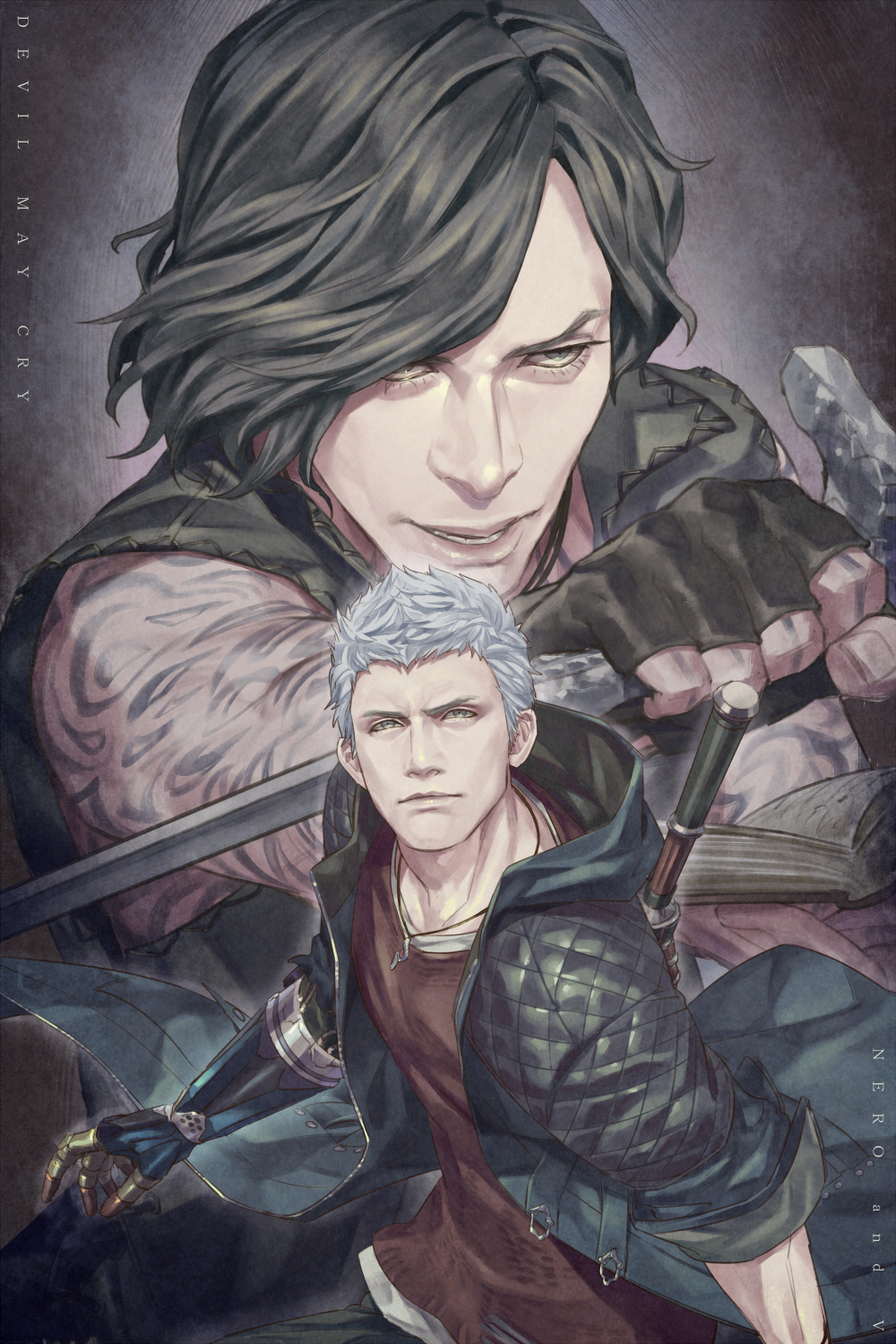2boys arm_tattoo bare_arms bare_shoulders black_gloves black_hair black_jacket blue_jacket brown_shirt copyright_name devil_may_cry_(series) devil_may_cry_5 gloves grey_hair highres holding holding_weapon jacket male_focus mechanical_arms multiple_boys nero_(devil_may_cry) prosthesis prosthetic_arm shirt single_mechanical_arm sleeveless sleeveless_jacket talgi tattoo v_(devil_may_cry) weapon