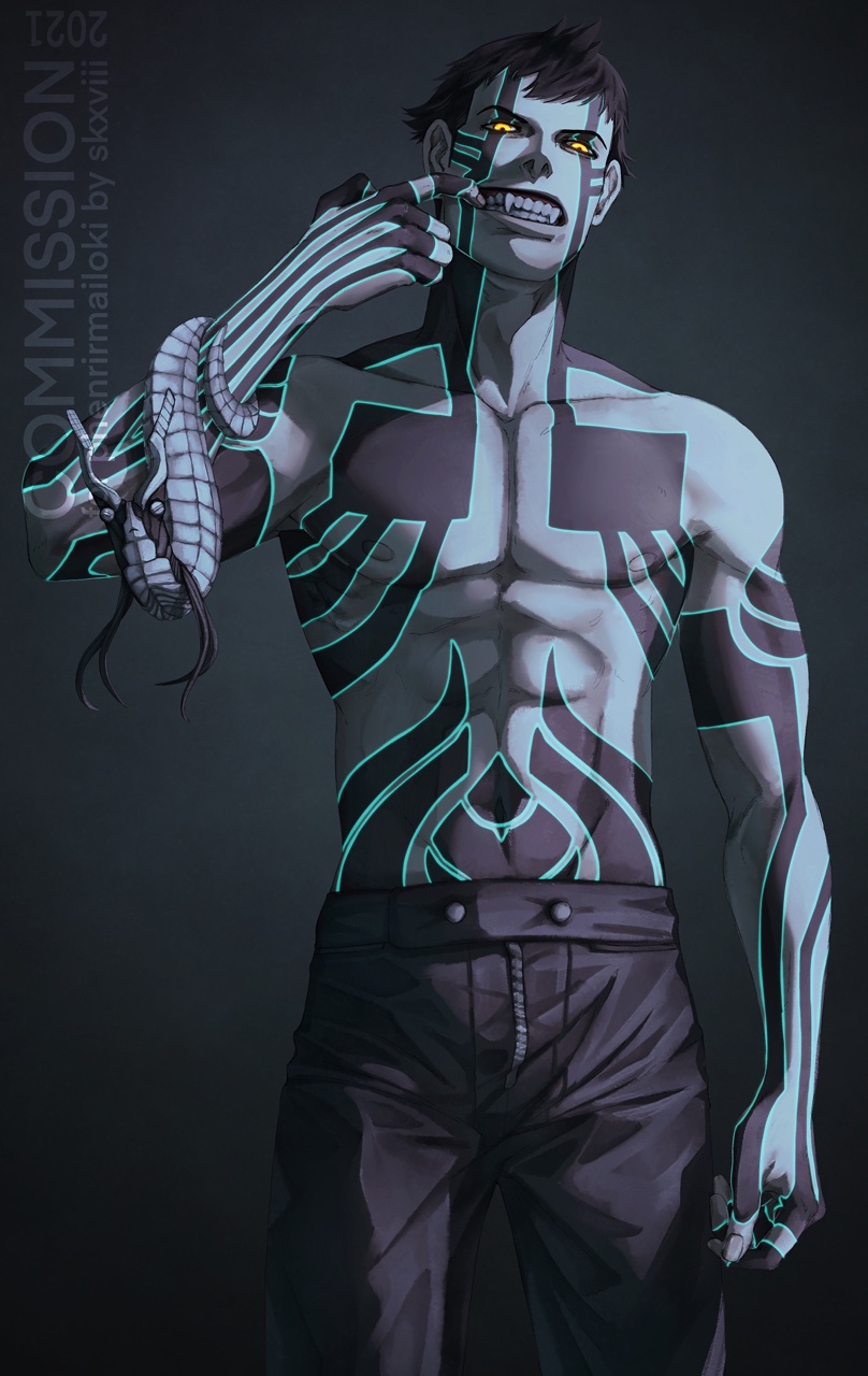 1boy abs areolae arm_at_side black_hair black_pants black_skin collarbone colored_skin commission demon_boy fangs finger_in_mouth glowing glowing_skin green_skin grey_skin hand_up highres hitoshura looking_at_viewer male_focus mouth_pull multicolored multicolored_skin pants pectorals shin_megami_tensei shin_megami_tensei_iii:_nocturne short_hair sid_(skxviii) solo stomach teeth toned toned_male topless_male watermark yellow_eyes