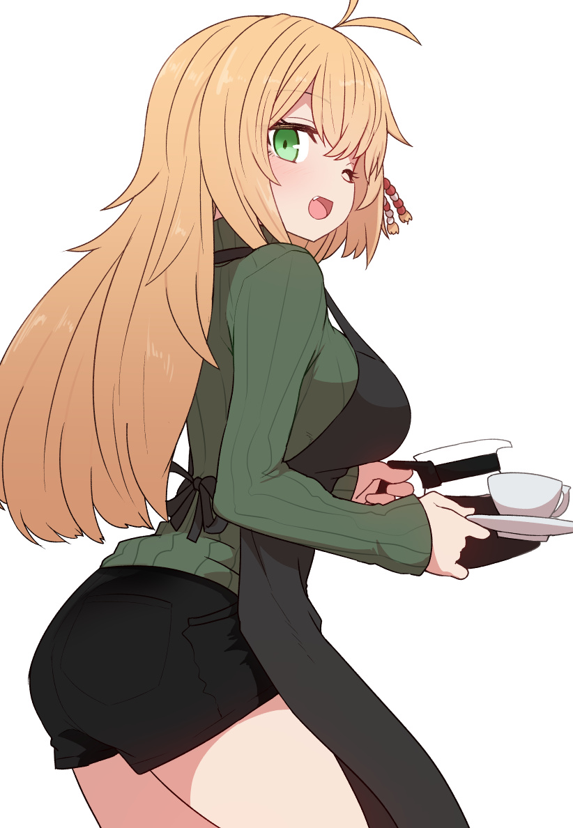 1girl ;d antenna_hair apron black_apron black_skirt blonde_hair coffee commentary_request cup fang green_eyes green_sweater hair_ornament holding holding_cup long_hair long_sleeves looking_at_viewer one_eye_closed open_mouth simple_background skirt smile sumiyao_(amam) sweater tsurumaki_maki voiceroid white_background